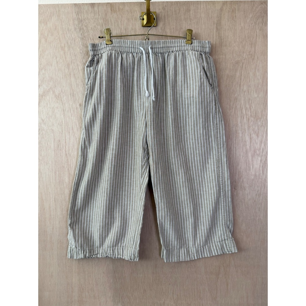 Beachlunchlounge Khaki White Striped Linen Blend Flowy Capri Pants Large